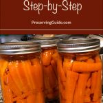 A guide cover image for step-by-step canning carrots. The background shows three mason jars filled with canned carrot sticks, placed on a wire rack on a granite countertop. The top section features a maroon banner with the text "How To Can Carrots Step-by-Step" in white, along with "PreservingGuide.com" in a smaller font.