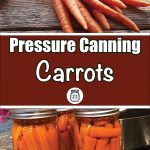 A guide cover image for pressure canning carrots. The top half shows a bunch of fresh carrots with greens on a wooden surface. The middle section features a maroon banner with the text "Pressure Canning Carrots" in white, accompanied by a small jar icon. The bottom half displays three jars filled with canned carrot sticks placed on a wire rack on a granite countertop.