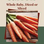 A guide cover image for canning carrots in various forms. The top section features the text "How To Can Carrots" in green and maroon on a beige background, followed by "Whole Baby, Diced or Sliced" in maroon. Below the text, an image of fresh carrots with greens on a wooden surface is displayed, layered over a green and maroon geometric background. At the bottom, a small jar icon is included on a green background.