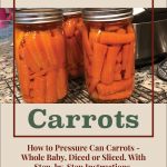 A guide cover image for pressure canning carrots. The top portion features the text "Pressure Canning" in maroon on a beige background. Below, an image of two jars filled with canned carrot sticks on a wire rack on a granite countertop is displayed. The word "Carrots" is prominently written in green on a beige background. At the bottom, additional text in maroon reads, "How to Pressure Can Carrots - Whole Baby, Diced or Sliced. With Step-by-Step Instructions." A small jar icon is placed at the center bottom.