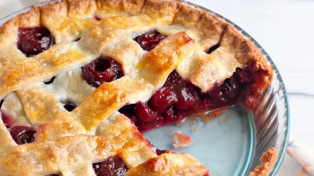 A close-up of a freshly baked cherry pie with a golden-brown lattice crust. A slice has been taken out, revealing the juicy, red cherry filling. The pie is presented in a blue pie dish on a light background.