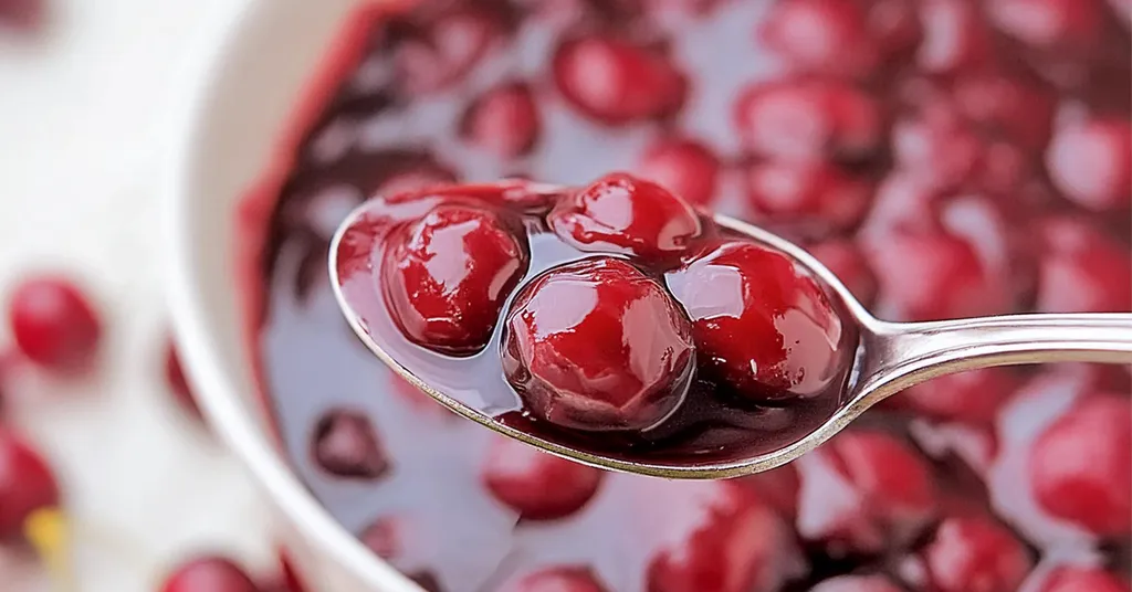 A close-up of a spoonful of cherry pie filling, showcasing glistening, whole cherries in a thick, glossy syrup. The background features a bowl filled with more of the cherry filling, highlighting the rich red color of the cherries.