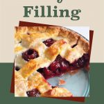 A guide cover image for canning cherry pie filling. The top part features the text "How To Can Cherry Pie Filling" in a green and brown font on a beige background. Below the text, a close-up image of a cherry pie with a golden-brown lattice crust and juicy cherry filling is displayed, layered over a green and brown geometric background. At the bottom, a small jar icon is included.