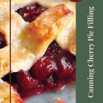 A guide cover image titled "Tips & Tricks for Canning Cherry Pie Filling." The background features a close-up of a freshly baked cherry pie with a golden-brown lattice crust and juicy cherry filling. The text is placed on a vertical green banner on the right side, with a circular brown label at the top right corner for "Tips & Tricks." A small jar icon is positioned at the bottom center.