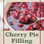 A guide cover image for water bath canning cherry pie filling. The top part features the text "Water Bath Canning" in a maroon font on a beige background. Below the text, there is an image of a spoonful of cherry pie filling, showcasing glossy, whole cherries in syrup. The bottom section of the image has the text "Cherry Pie Filling" in green font on a beige background, with a small jar icon at the center bottom.