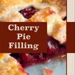 A guide cover image for canning cherry pie filling. The background features a close-up of a freshly baked cherry pie with a golden-brown lattice crust and juicy cherry filling. The text "Cherry Pie Filling" is prominently displayed in white on a maroon banner in the center. The bottom of the image includes the source "PreservingGuide.com" in maroon text.