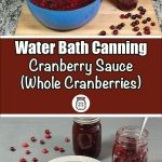 Image showing a large blue pot filled with cranberry sauce, alongside a jar being filled with the sauce using a ladle. Below, the text "Water Bath Canning Cranberry Sauce (Whole Cranberries)" and a jar icon are displayed. The bottom section shows two jars of cranberry sauce, one sealed and one open with a spoon, next to a plate of cranberry sauce, with scattered cranberries adding a decorative touch.