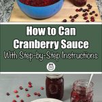 Image showing a large blue pot filled with cranberry sauce, alongside a jar being filled with the sauce using a ladle. Below, the text "How to Can Cranberry Sauce With Step-by-Step Instructions" and a jar icon are displayed. The bottom section shows two jars of cranberry sauce, one sealed and one open with a spoon, next to a plate of cranberry sauce, with scattered cranberries adding a decorative touch.