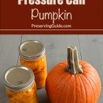 A guide cover image for pressure canning pumpkin. The top portion features a maroon banner with the text "How To Pressure Can Pumpkin" in white, along with "PreservingGuide.com" in a smaller font. Below, the background shows two mason jars filled with canned pumpkin cubes next to a whole pumpkin on a light wooden surface.