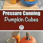 A guide cover image for pressure canning pumpkin cubes. The top half shows a blue pot with freshly cut pumpkin cubes and a jar of canned pumpkin cubes on a wooden board on a granite countertop. The middle section features a maroon banner with the text "Pressure Canning Pumpkin Cubes" in white, accompanied by a small jar icon. The bottom half displays two jars of canned pumpkin cubes next to a whole pumpkin on a light wooden surface.