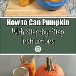 A guide cover image for canning pumpkin with step-by-step instructions. The top half shows a blue pot with freshly cut pumpkin cubes and a jar of canned pumpkin cubes on a wooden board on a granite countertop. The middle section features a green banner with the text "How to Can Pumpkin With Step-by-Step Instructions" in white, accompanied by a small jar icon. The bottom half displays two jars of canned pumpkin cubes next to a whole pumpkin on a light wooden surface.