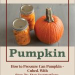 A guide cover image for pressure canning pumpkin cubes. The top portion features the text "Pressure Canning" in maroon on a beige background. Below, an image of two jars filled with canned pumpkin cubes and a whole pumpkin on a light wooden surface is displayed. The word "Pumpkin" is prominently written in green on a beige background. At the bottom, additional text in maroon reads, "How to Pressure Can Pumpkin - Cubed. With Step-by-Step Instructions." A small jar icon is placed at the center bottom.