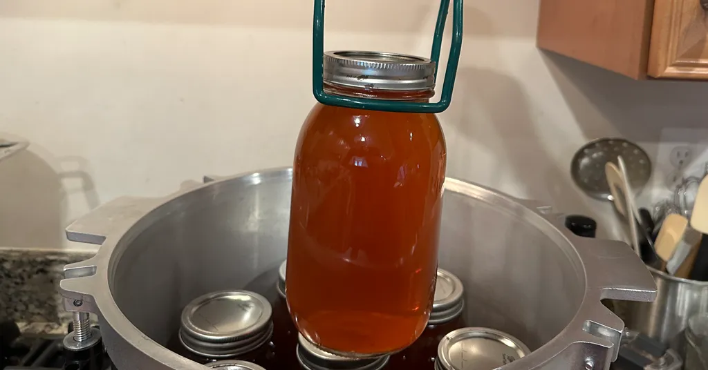 A mason jar filled with vegetable stock is being lifted into a pressure canner with a jar lifter. The jar is sealed with a metal lid and surrounded by other jars inside the canner, ready for the canning process