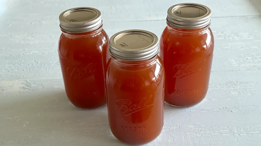 Three mason jars filled with homemade vegetable stock, sealed with metal lids, arranged on a light-colored surface. The jars are labeled "Ball Mason" and contain rich, amber-colored stock, ready for storage or use in cooking.