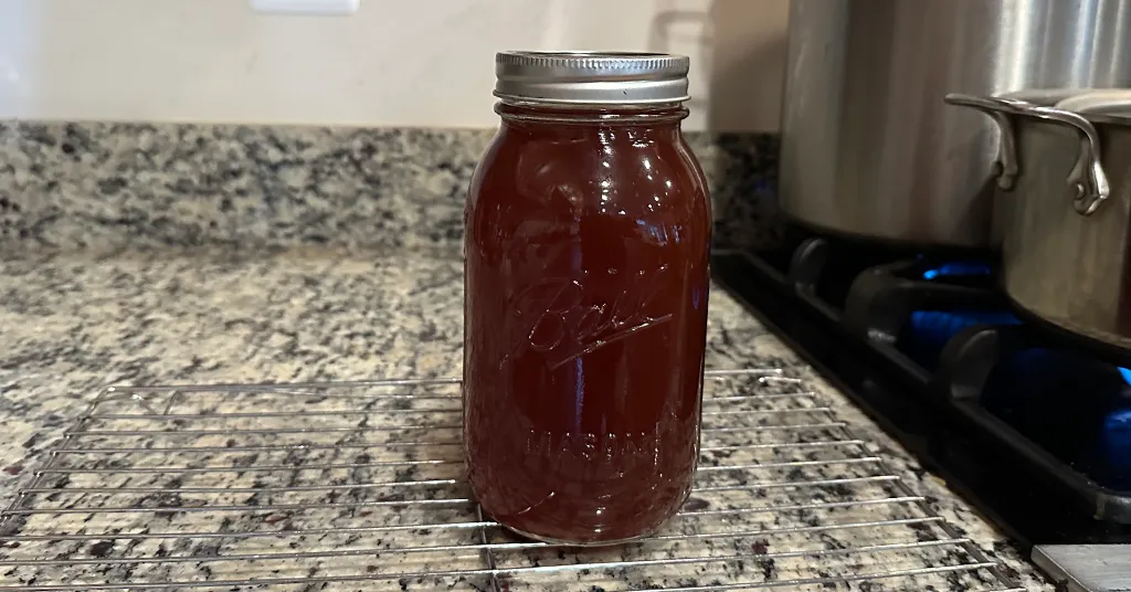 A glass mason jar filled with dark vegetable stock, sealed with a metal lid, sits on a wire rack on a granite countertop. This jar appears to be freshly canned, preserving the rich stock for future use.