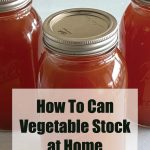 Three jars of canned vegetable stock are displayed, with a text overlay that reads "How To Can Vegetable Stock at Home" and the website "PreservingGuide.com".