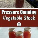 A single jar of vegetable stock sits on a countertop next to a stove with pots, and three jars of canned vegetable stock are displayed on a white surface. The text overlay reads "Pressure Canning Vegetable Stock" with a small icon of a mason jar and the website "PreservingGuide.com".