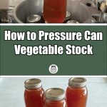 A jar of vegetable stock is being lifted from a canning pot with a jar lifter, alongside three jars of canned vegetable stock on a white surface. The text overlay reads "How to Pressure Can Vegetable Stock" with a small icon of a mason jar and the website "PreservingGuide.com".