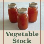 Three jars of canned vegetable stock are displayed on a white surface. The text overlay reads "Pressure Canning Vegetable Stock" with a small icon of a mason jar at the bottom.