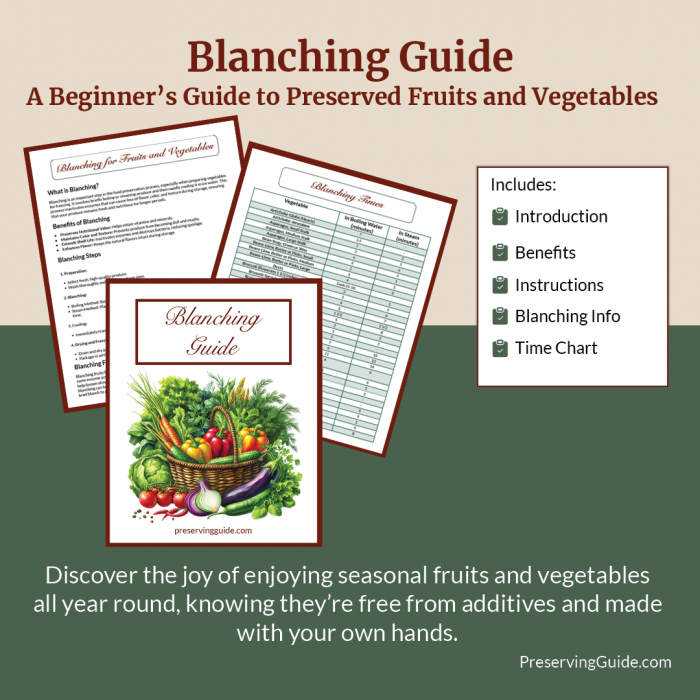 Mockup showing separate pages from Preserving Guides Blanching Guide. Says Blanching Guide A Beginner's Guide to Preserved Fruits and Vegetables.