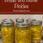 Jars of bread and butter pickles in a canning pot, ready to be processed. The image includes the text 'How To Can Bread and Butter Pickles' with the website 'PreservingGuide.com' beneath it, all on a brown background.