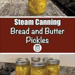 Two images of the bread and butter pickling process: the top shows a single jar of pickles cooling on a wire rack, while the bottom shows multiple jars of pickles in a canning pot. The text reads 'Steam Canning Bread and Butter Pickles' with a logo at the bottom, all on a brown background.