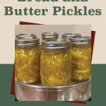 A collection of jars filled with bread and butter pickles resting in a canning pot. The text above reads 'How to Can Bread and Butter Pickles,' displayed on a beige and green background with a small canning jar logo at the bottom.