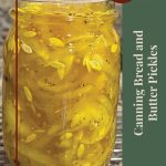 Close-up of a jar filled with bread and butter pickles, resting on a cooling rack. The text on the right side reads 'Canning Bread and Butter Pickles' under a 'Tips & Tricks' label. A small canning jar logo is at the bottom.