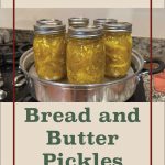 Six jars of bread and butter pickles are being steam canned in a large pot on a stovetop. The text at the top reads 'Steam Canning,' and at the bottom, 'Bread and Butter Pickles' is displayed with a small canning jar logo beneath