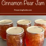 The image features several jars of cinnamon pear jam with sealed metal lids, arranged on a gray surface. The jam has a warm, golden-brown hue, indicating the inclusion of cinnamon. At the top of the image is a brown banner with white and light brown text that reads: "How To Can Cinnamon Pear Jam." Below this, "PreservingGuide.com" is displayed. This image is likely used for promoting a guide or tutorial on canning cinnamon pear jam at home.