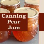 The image features several jars of pear jam with sealed metal lids, closely arranged on a gray surface. The design includes a beige background with a thin brown border. On the left side, there is a brown overlay with beige text that reads: "Canning Pear Jam." At the bottom of the image, the text "PreservingGuide.com" is displayed. This image is likely used to promote a guide or tutorial on canning pear jam.