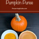 The image shows a whole pumpkin, a bowl of pumpkin puree, and a pumpkin pie, arranged on a dark surface. At the top of the image, there is a brown background with white and light brown text that reads: "How To Freeze Pumpkin Puree." Below this, "PreservingGuide.com" is displayed. The image is part of a guide or tutorial on preserving pumpkin puree by freezing.