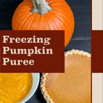 The image shows a whole pumpkin, a bowl of pumpkin puree, and a pumpkin pie on a dark surface. The design includes a beige background with a brown border and overlay. The overlay, located on the right side, contains the text "Freezing Pumpkin Puree" in beige font on a brown background. At the bottom, the text "PreservingGuide.com" is displayed, also in brown. This image likely serves as a visual guide for an article or tutorial on freezing pumpkin puree.