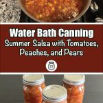 The image features a large pot on a stovetop filled with a vibrant summer salsa made with tomatoes, peaches, and pears. The salsa is a colorful mix of reds, yellows, and greens, simmering gently. Below the pot, the text reads "Water Bath Canning Summer Salsa with Tomatoes, Peaches, and Pears," set against a dark brown background. At the bottom, three jars of the salsa are shown, sealed and ready for preservation, reinforcing the homemade and fresh quality of the canned salsa.