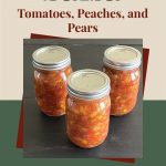 The image features three jars filled with a colorful salsa made from tomatoes, peaches, and pears, placed on a dark surface. The text above the jars reads "How To Can Salsa: Tomatoes, Peaches, and Pears," displayed on a beige background with green and red accents. At the bottom, a small icon of a mason jar adds a touch of visual interest. This image visually supports a guide on canning a unique summer salsa blend, highlighting the vibrant and fresh ingredients used in the recipe.