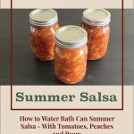 The image features three jars of summer salsa, filled with a colorful mix of tomatoes, peaches, and pears, set against a dark background. The text "Water Bath Canning" is prominently displayed at the top, with "Summer Salsa" highlighted in the center. Below, there is a subheading explaining the contents and method: "How to Water Bath Can Summer Salsa – With Tomatoes, Peaches, and Pears." The image is framed with red and beige borders, giving it a clean and instructional look, making it clear that this is part of a guide on preserving summer salsa through water bath canning.