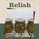 The image features three jars of zucchini relish with sealed metal lids, arranged on a speckled countertop. The jars are positioned against a minimalist background that combines beige and green colors. Above the jars, the text reads: "How To Can Zucchini Relish" in large green and brown font. At the bottom of the image, there is a small mason jar icon. This image is designed to accompany a guide or tutorial on canning zucchini relish.