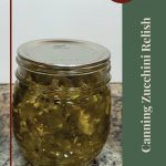 The image features a close-up of a single jar of zucchini relish with a sealed metal lid, placed on a speckled countertop. To the right, there is a vertical green banner with beige text that reads: "Canning Zucchini Relish." At the top of the banner, a brown circle contains the words "Tips & Tricks" in white. At the bottom of the image, a small mason jar icon is present. This image is intended to accompany a guide or article offering tips and tricks for canning zucchini relish.