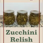 The image features three jars of zucchini relish with sealed metal lids, arranged on a speckled countertop. The jars are set against a beige background with a thin brown border. Above the jars, in brown text, the word "Canning" is prominently displayed. Below the jars, in large green text, it reads "Zucchini Relish." At the bottom of the image, there is a small mason jar icon. This image serves as a visual for a guide or tutorial on canning zucchini relish.