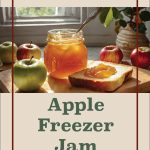 This image features a jar of apple freezer jam with a spoon, set next to a slice of bread topped with the same jam. Surrounded by fresh apples, the scene is well-lit by natural light from a window, creating a cozy and rustic kitchen vibe. The text "How to Make Apple Freezer Jam" is prominently displayed, highlighting the step-by-step nature of the guide, while a small jar icon at the bottom reinforces the homemade and preserved theme of the recipe.