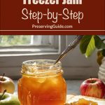 The image features a jar of golden apple freezer jam, with a spoon inside, placed next to a piece of bread spread with jam. Fresh apples are scattered around, reinforcing the apple theme. The text at the top reads "Making Apple Freezer Jam Step-by-Step," with "PreservingGuide.com" displayed underneath. The warm, homey setting invites viewers to follow an easy process for making apple freezer jam.