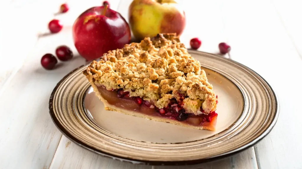 Slice of apple pear cranberry pie sitting on a plate with a streusel topping with apples and cranberries in the background.