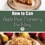 This image showcases two sections: the top features a slice of apple, pear, and cranberry pie with a crumb topping on a beige plate, while the bottom highlights a full pie in a fluted tin. In between, a green banner displays the text “How to Can Apple Pear Cranberry Pie Filling” in bold white letters, accompanied by a mason jar icon below.