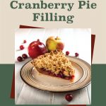 This image highlights a slice of apple, pear, and cranberry pie with a crumb topping, placed on a beige plate, with apples and cranberries scattered in the background. The text above the image reads, “How To Can Apple Pear Cranberry Pie Filling,” in bold fonts, promoting an instructional guide for preserving this pie filling. The design uses a soft beige and green color scheme, with a mason jar icon at the bottom, reinforcing the focus on food preservation.