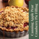 This image features a close-up of a freshly baked apple, pear, and cranberry pie with a golden crumb topping, placed in a fluted pie dish. In the background, apples and pears are slightly blurred to highlight the pie. On the right side, the text reads “Canning Apple Pear Cranberry Pie Filling” along with a “Tips & Tricks” label in a circular design. The bottom includes a small mason jar icon, maintaining the theme of food preservation. The overall design blends a rustic look with useful canning advice, visually appealing for home bakers.