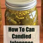 The image shows a mason jar filled with candied jalapenos, with a sealed lid marked "Ball SureTight." Overlaid on the image is a text block that reads, "How To Can Candied Jalapenos" and the website URL "PreservingGuide.com" below it.