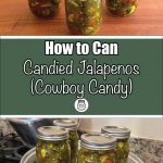 The image is divided into two sections. The top section shows three mason jars filled with candied jalapenos (Cowboy Candy) on a wooden surface. The bottom section has a green banner with white text reading, "How to Can Candied Jalapenos (Cowboy Candy)," accompanied by a small jar icon. Below the banner, a steam canner on a stove holds jars of candied jalapenos, demonstrating the canning process.