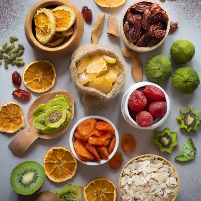 Dehydrated fruits and vegetables sitting on a counter.