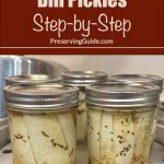 The image shows several mason jars filled with dill pickles in a canning setup, with the jars arranged in a water bath canner. The background has a brown banner with bold white text reading "How To Can Dill Pickles Step-by-Step," followed by "PreservingGuide.com" in smaller text. This visual provides a step-by-step guide for canning dill pickles at home.