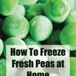 This image features a close-up of frozen peas, covered in a light layer of frost, giving a vibrant green, fresh look. Overlaying the peas at the bottom of the image is the text “How To Freeze Fresh Peas at Home” in bold, black font, along with “PreservingGuide.com.” The design suggests a tutorial or guide on freezing peas at home, emphasizing freshness and simplicity.